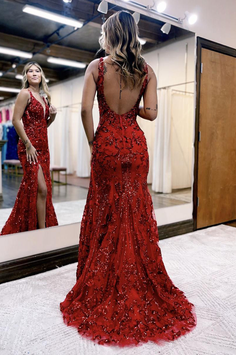 Meerjungfrau-Ballkleid mit V-Ausschnitt, Pailletten und Spitze und Schlitz