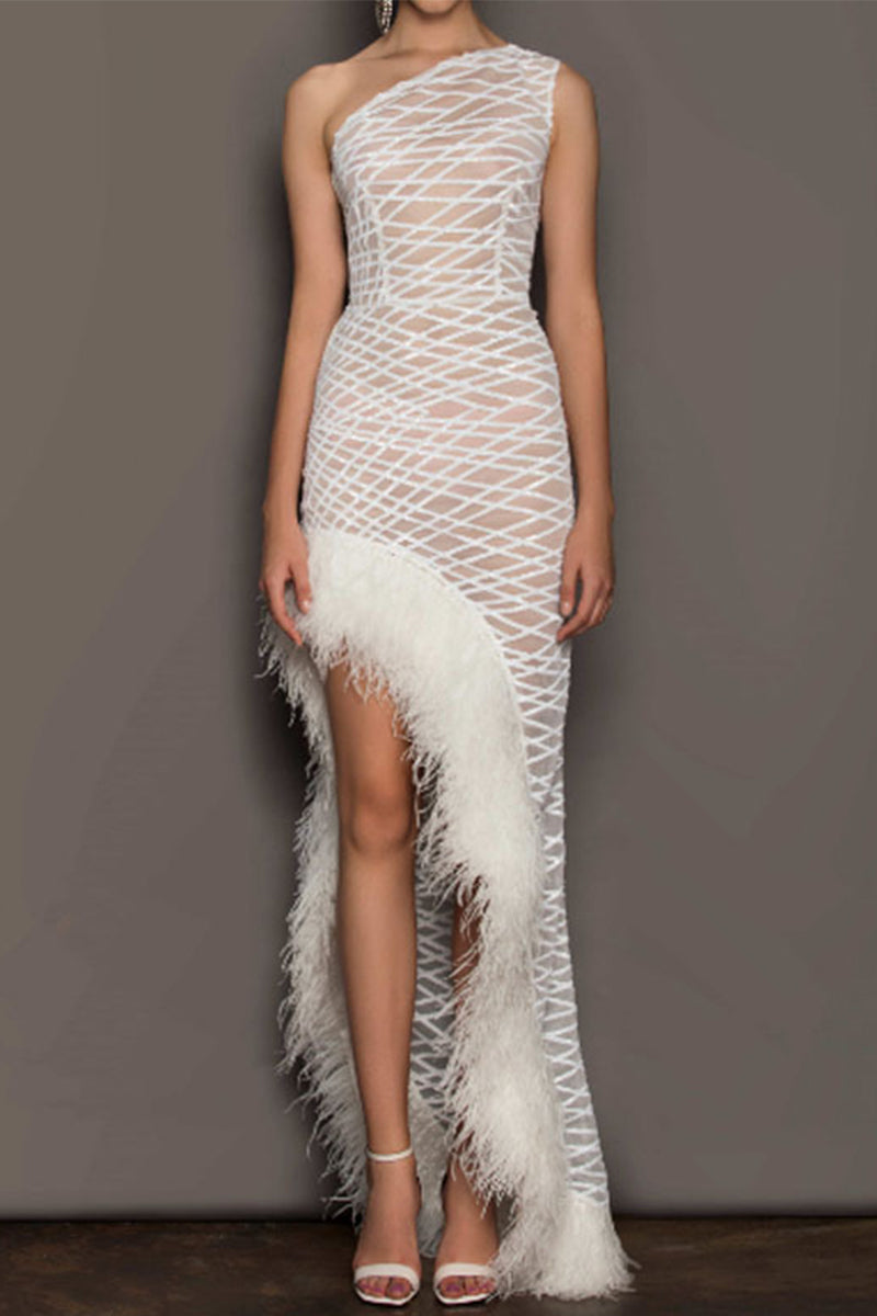 Sexy Prom Unregelmäßiger Mesh Feder Saum Schräge Schulter Abendkleider 