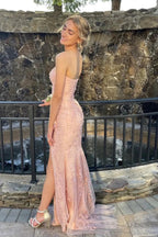 Vestido longo de baile de finalistas sem alças com renda e fenda, estilo sereia