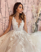 Deep V-Neck Backless A-Line Wedding Dress With Appliques Lace Tulle