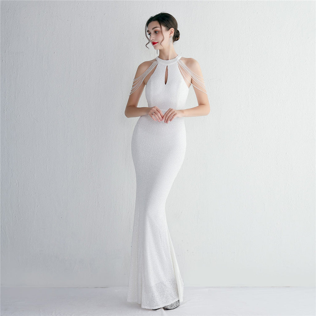 Pailletten Craft Perlen Cocktail Abendkleid Elegante Lange Neckholder Slim Fit Fischschwanz 