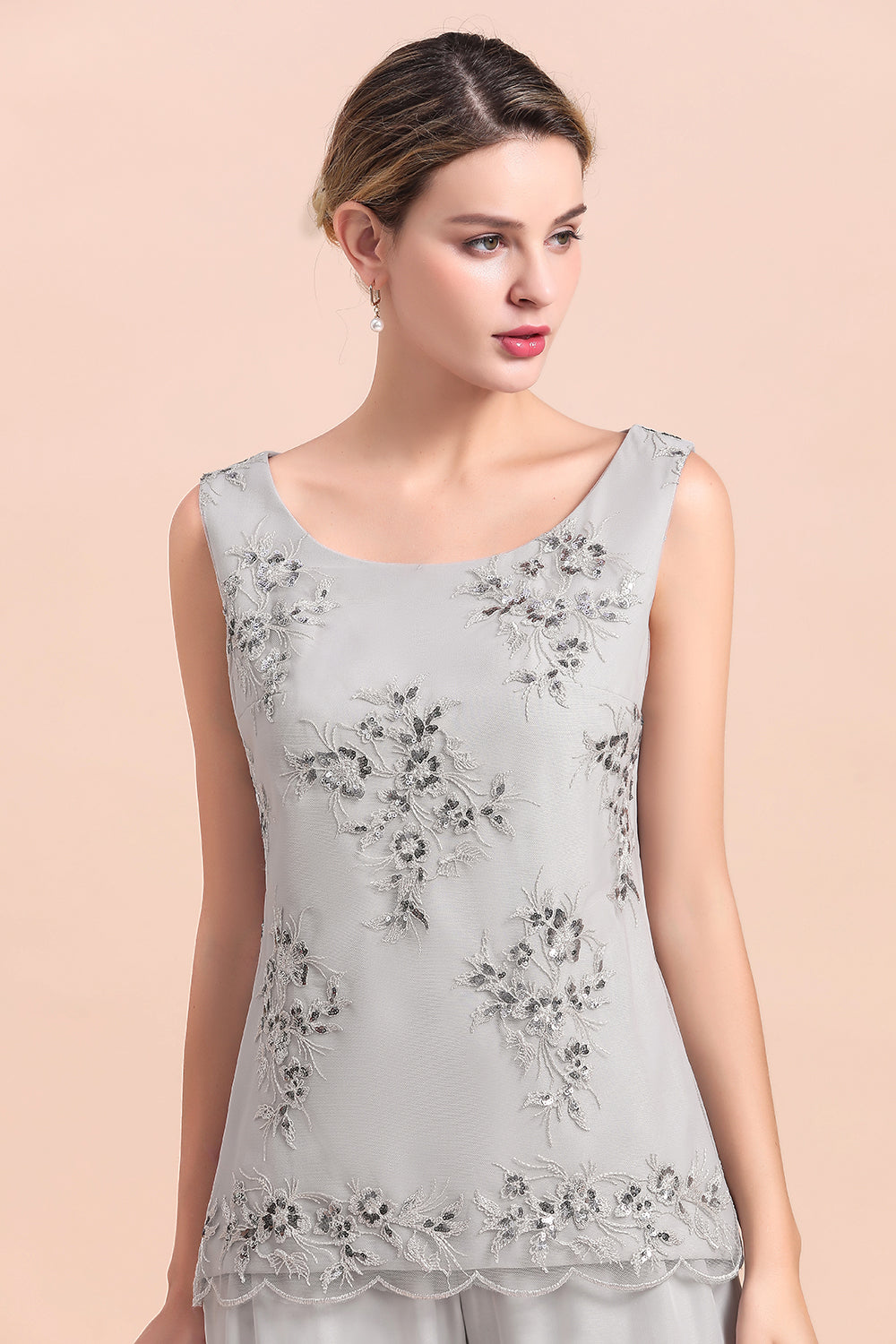 BMbridal Elegant Sleeveless Appliques Silver Chiffon Mother of Bride Jumpsuit with Wrap