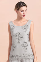BMbridal Elegant Sleeveless Appliques Silver Chiffon Mother of Bride Jumpsuit with Wrap