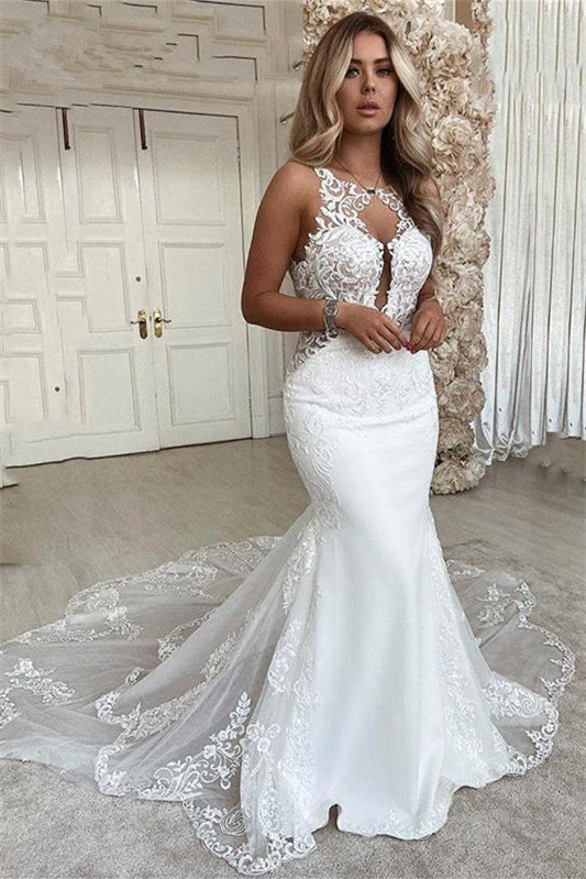 Long Mermaid Sleeveless Wedding Dress With Lace Appliques