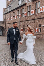 Bubble Sleeves Mermaid Lace Wedding Dress With Sweetheart Neckline