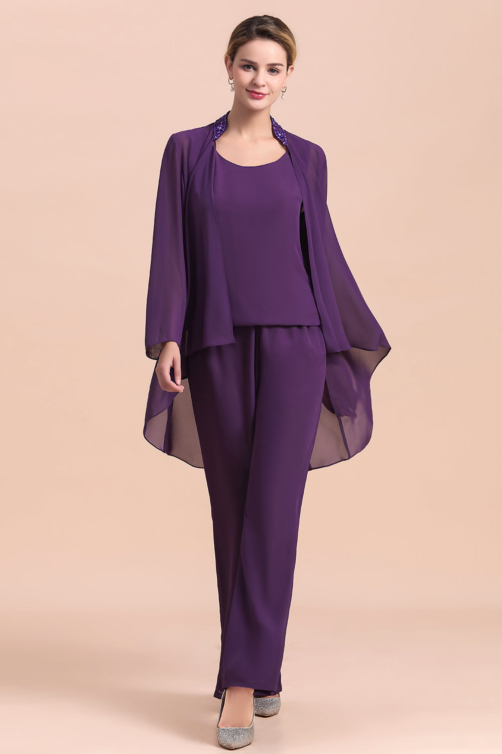 BMbridal Affordable Straps Beading Grape Chiffon Mother of Bride Jumpsuit Online with Wrap