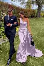Custom One Shoulder Sleeveless Dark Green Pleated Long Prom Dress