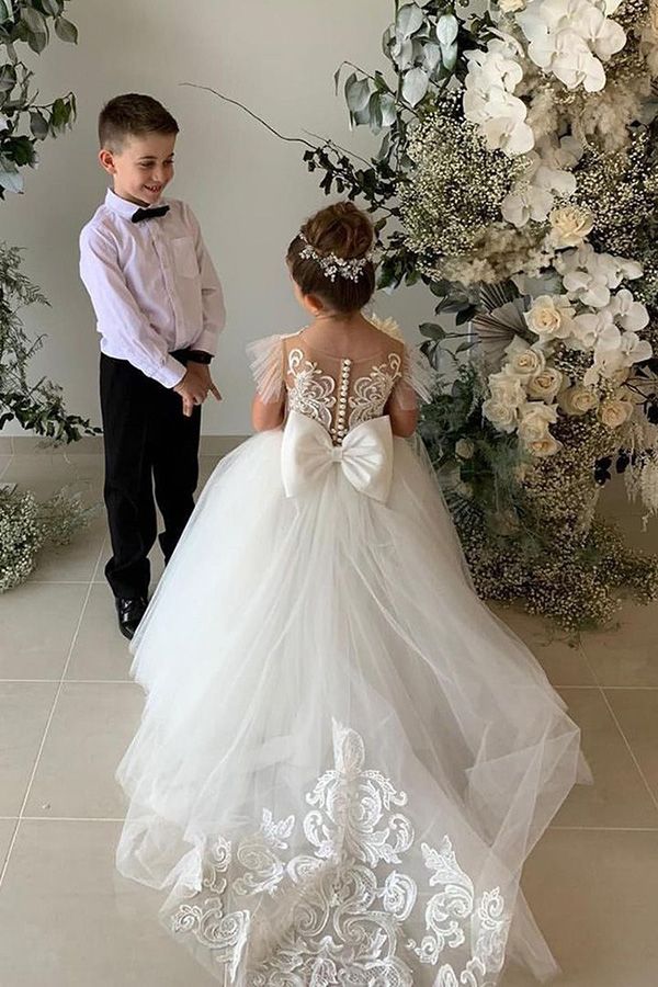 Princess Tulle Flower Girl Dress With Bowknot Lace Embellishment