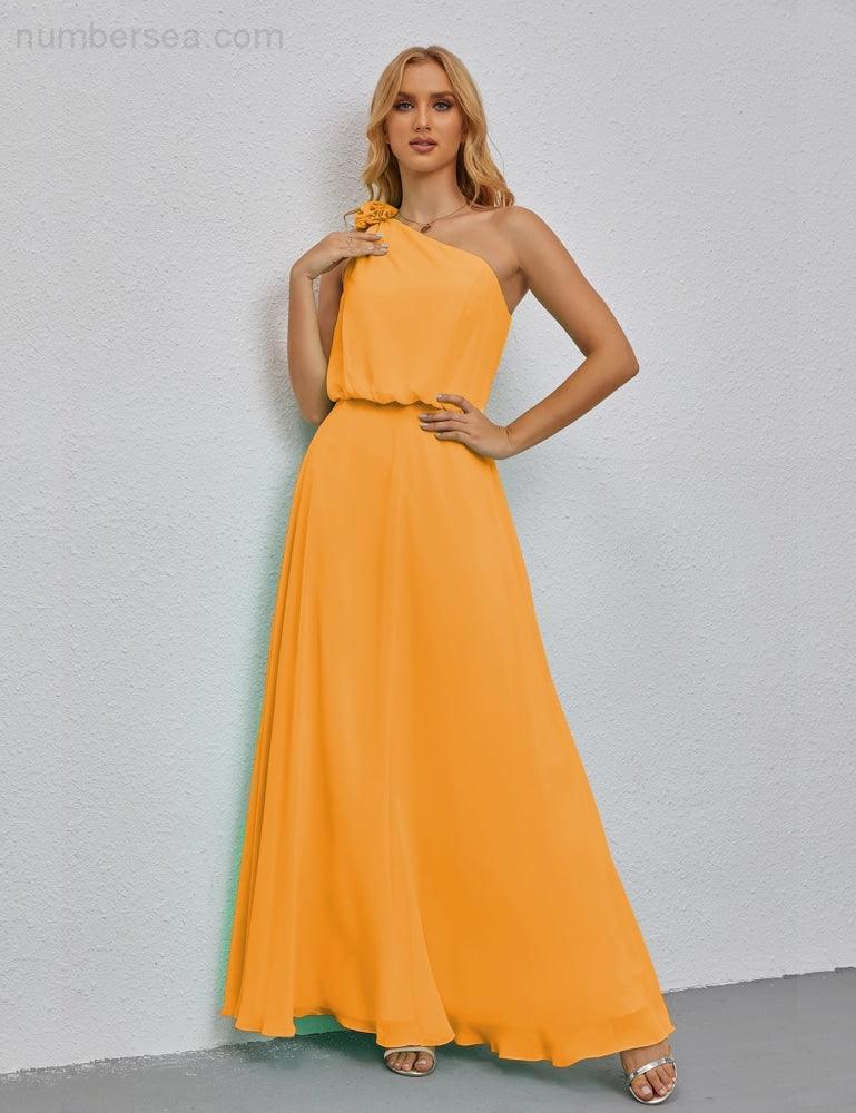 Ruffled One Shoulder Sleeveless Long Bridesmaid Dresses A-line Formal Evening Gown Side Split 28080