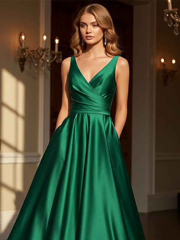 Dark Green Satin Prom Dress Sheath V Neck Floor Length Pockets