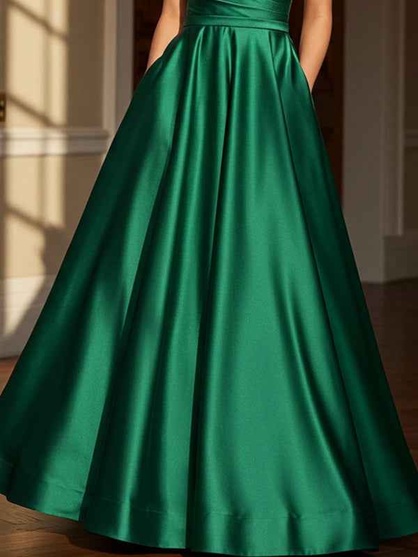 Dark Green Satin Prom Dress Sheath V Neck Floor Length Pockets
