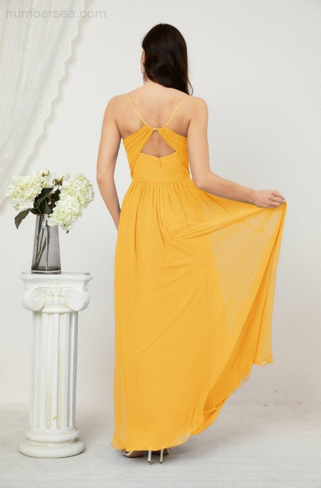 Neck Bridesmaid Dresses Chiffon Long Spaghetti A-line Formal Prom Gown for Wedding Party Evening 2801