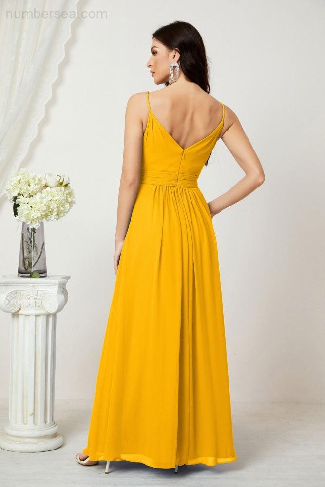 Chiffon V-Neck Bridesmaid Dress Spaghetti Strap Long Formal Party Prom Gowns with Slit 28010