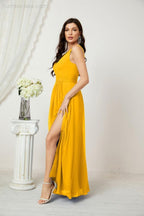 Chiffon V-Neck Bridesmaid Dress Spaghetti Strap Long Formal Party Prom Gowns with Slit 28010