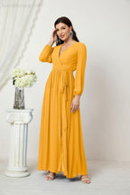 Evening Dresses Deep V-Neck Chiffon Bridesmaid Dresses Long Bishop Sleeve Side Split Formal Dress 2806