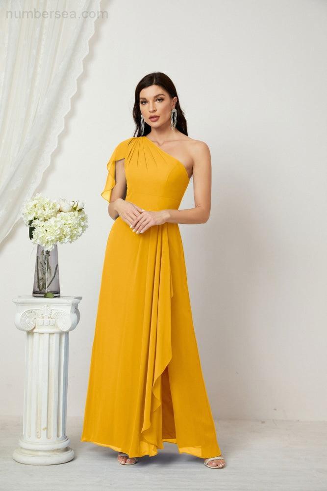 Chiffon Ruffled One Shoulder Long Bridesmaid Dresses A-line Formal Evening Gown Side Split 2809
