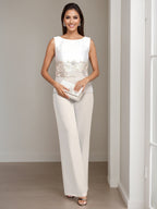 Ankle-Length Mother of the Bride Pantsuits in 3 Pieces Featuring Square Neck Jacket & Lace Appliques