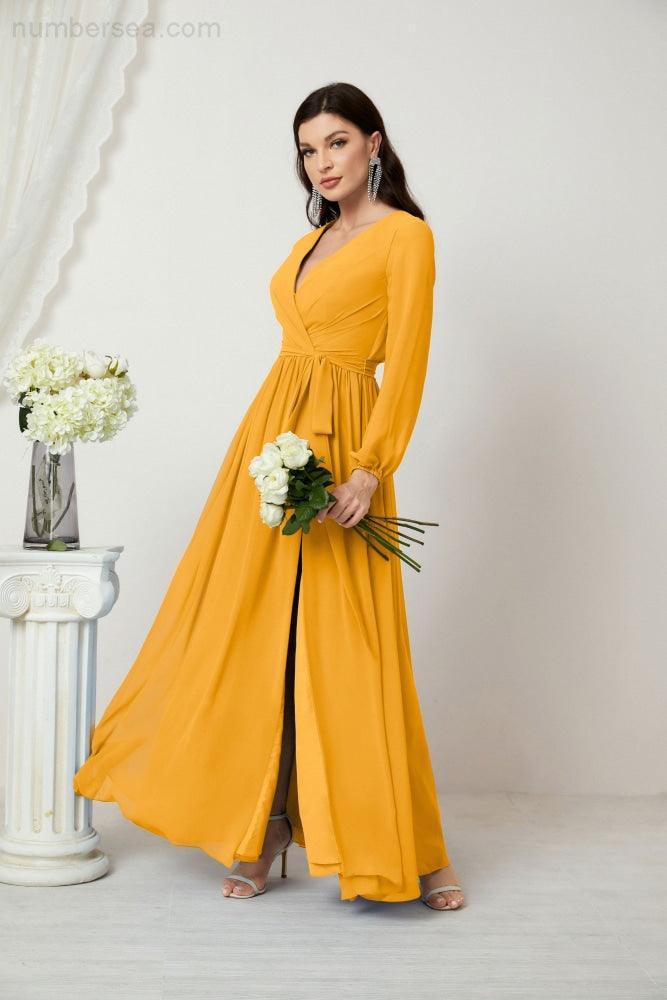 Evening Dresses Deep V-Neck Chiffon Bridesmaid Dresses Long Bishop Sleeve Side Split Formal Dress 2806