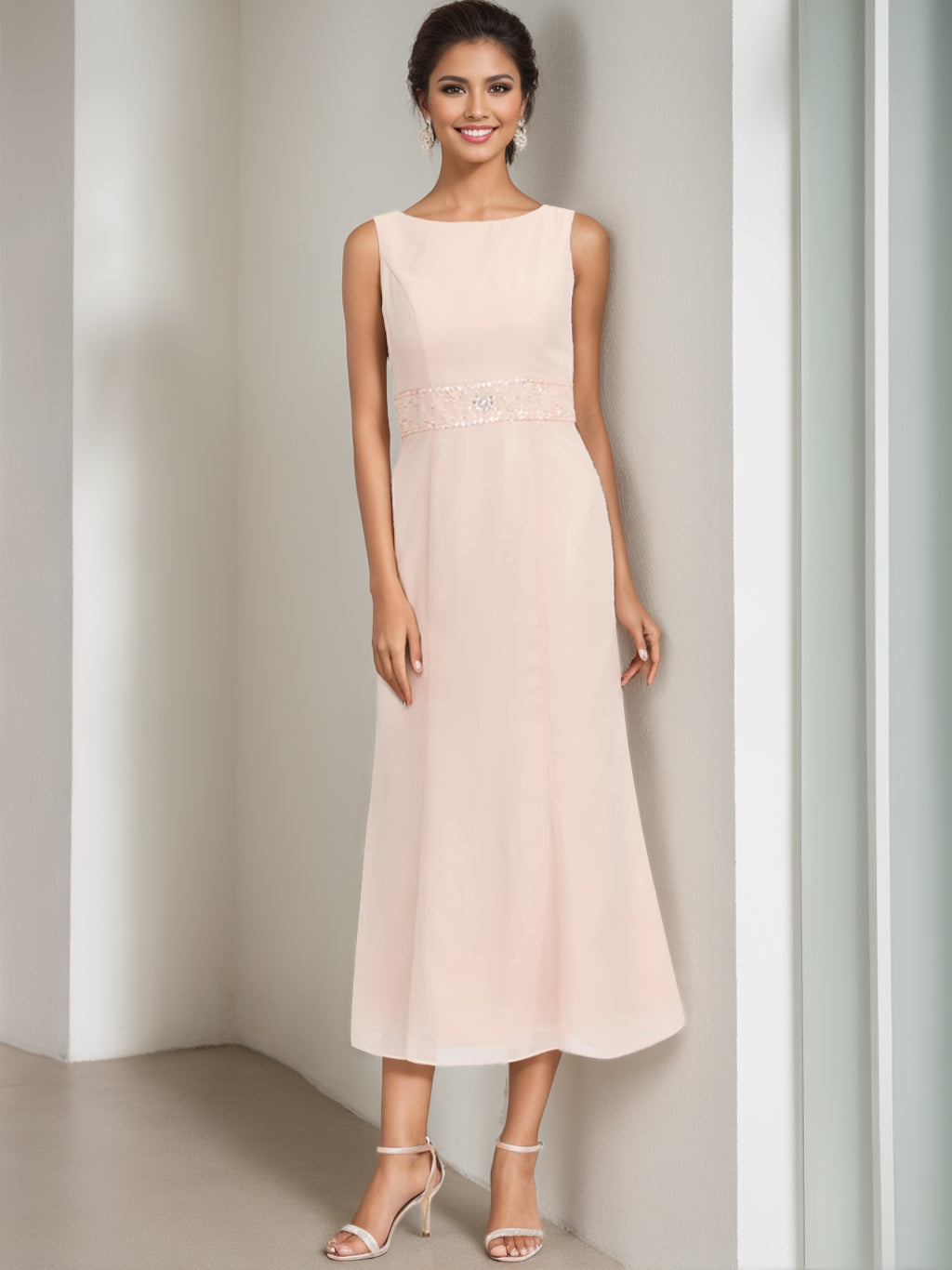 Tea-Length Mother of the Bride Sheath Dress with Beaded Jacket