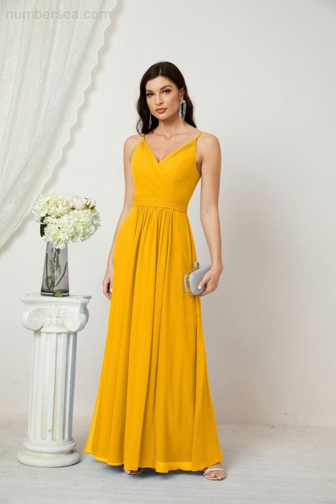 Chiffon V-Neck Bridesmaid Dress Spaghetti Strap Long Formal Party Prom Gowns with Slit 28010
