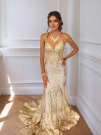 Trumpet Mermaid Long Prom Dress Spaghetti Straps Sparkly Sequin Lace Applique