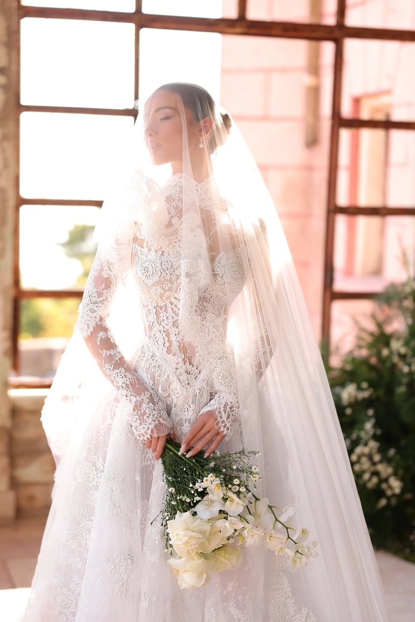 Designer A Line Lace Wedding Dress With Sleeves Satin Train For Church Or Garden