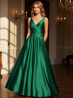 Dark Green Satin Prom Dress Sheath V Neck Floor Length Pockets
