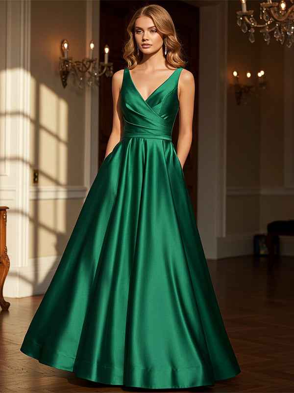 Dark Green Satin Prom Dress Sheath V Neck Floor Length Pockets
