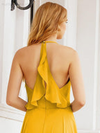 Halter Chiffon Bridesmaid Dresses Wedding Appare Sleeveless Formal Prom Dress with Ruffled Back 28035