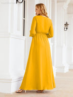 Vestito da damigella d'onore in chiffon da donna Numbersea, linea a trapezio, maniche lunghe, abito lungo formale da sera per ospite di matrimonio 28032