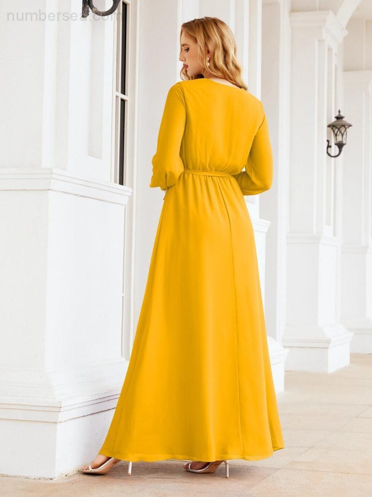 Vestito da damigella d'onore in chiffon da donna Numbersea, linea a trapezio, maniche lunghe, abito lungo formale da sera per ospite di matrimonio 28032
