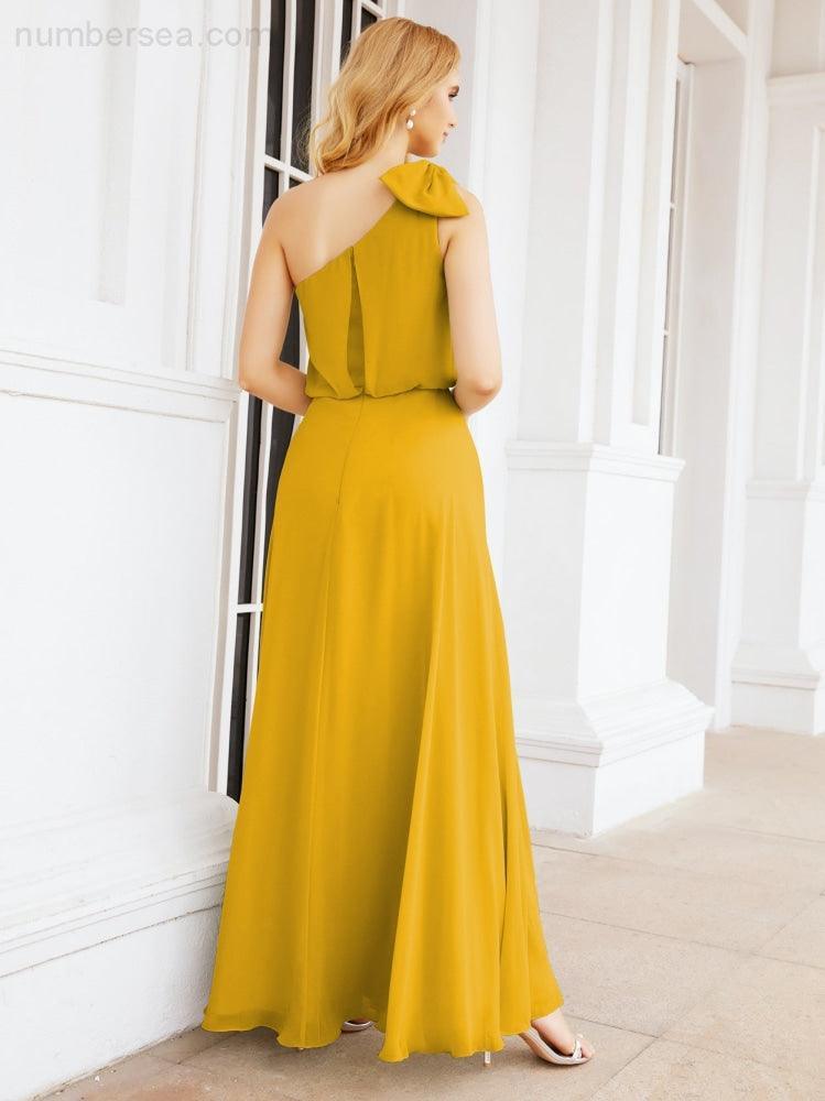 Chiffon Ruffled One Shoulder Sleeveless Long Bride Dresses A-line Formal Evening Gown Side Split 28057