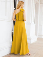 Chiffon Ruffled One Shoulder Sleeveless Long Bride Dresses A-line Formal Evening Gown Side Split 28057