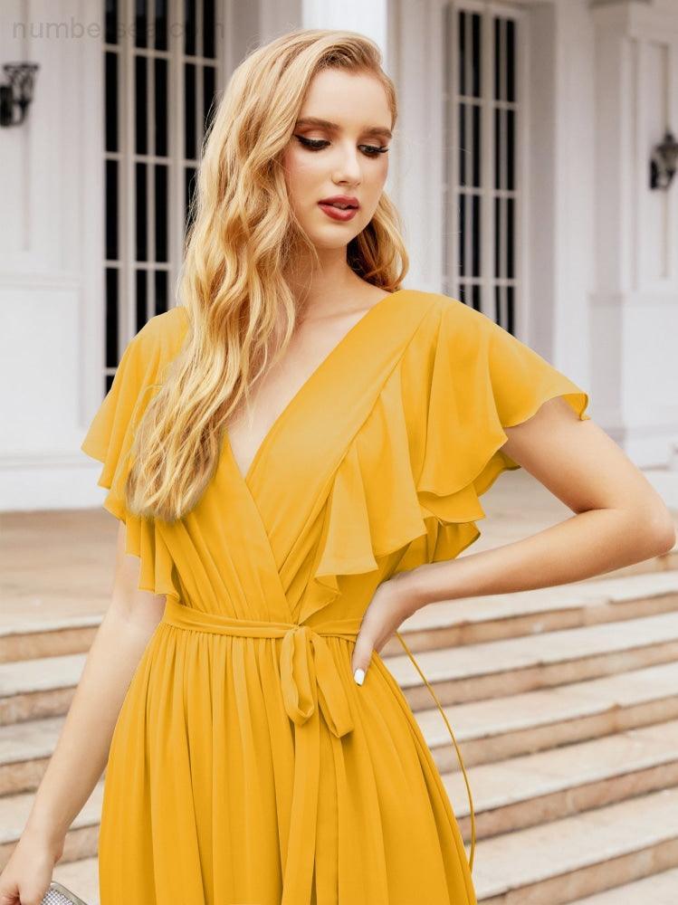 Abiti da sera formali da donna Numbersea con schiena scoperta, scollo a V, lunghi in chiffon, abiti da damigella con cintura in vita 28038