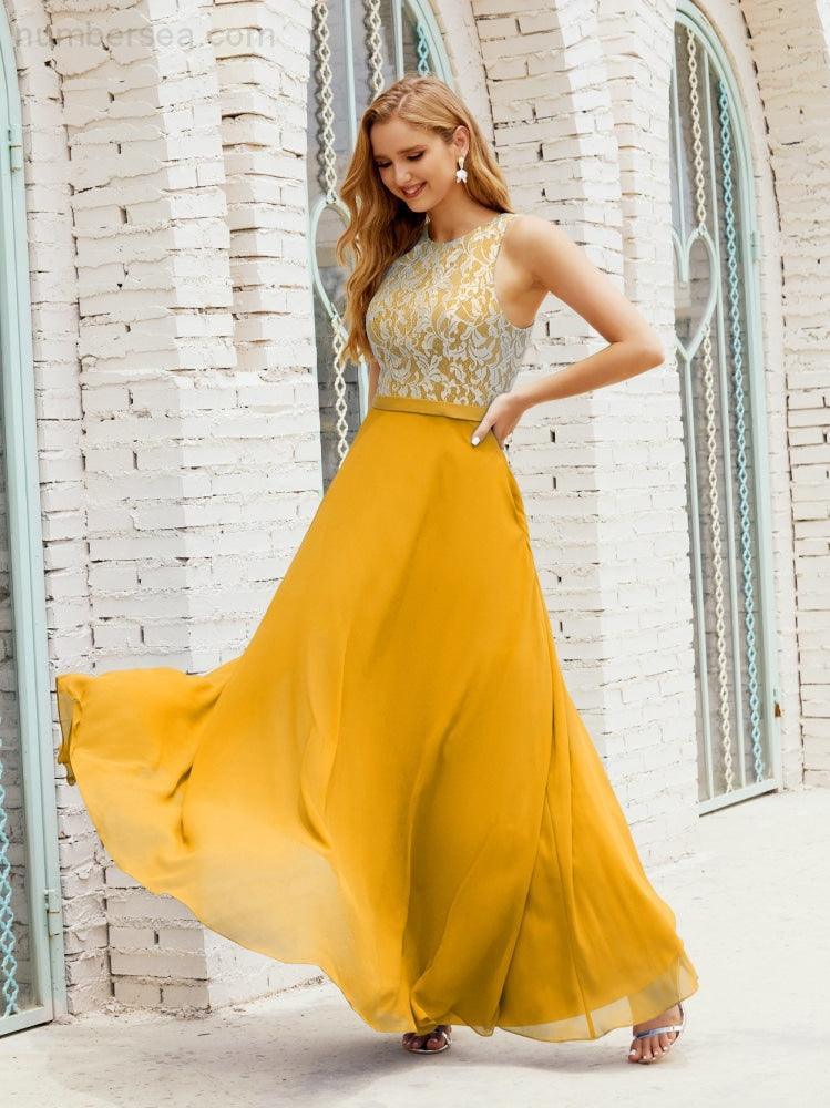 Vestido de Dama de Honra em Renda Comprimento ao Chão Vestidos de Noite com Bolsos 28017