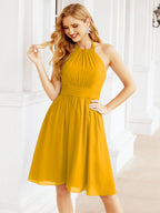 Halter Chiffon Bridesmaid Dresses Short Sleeveless Formal Party Dress Open Back 28023