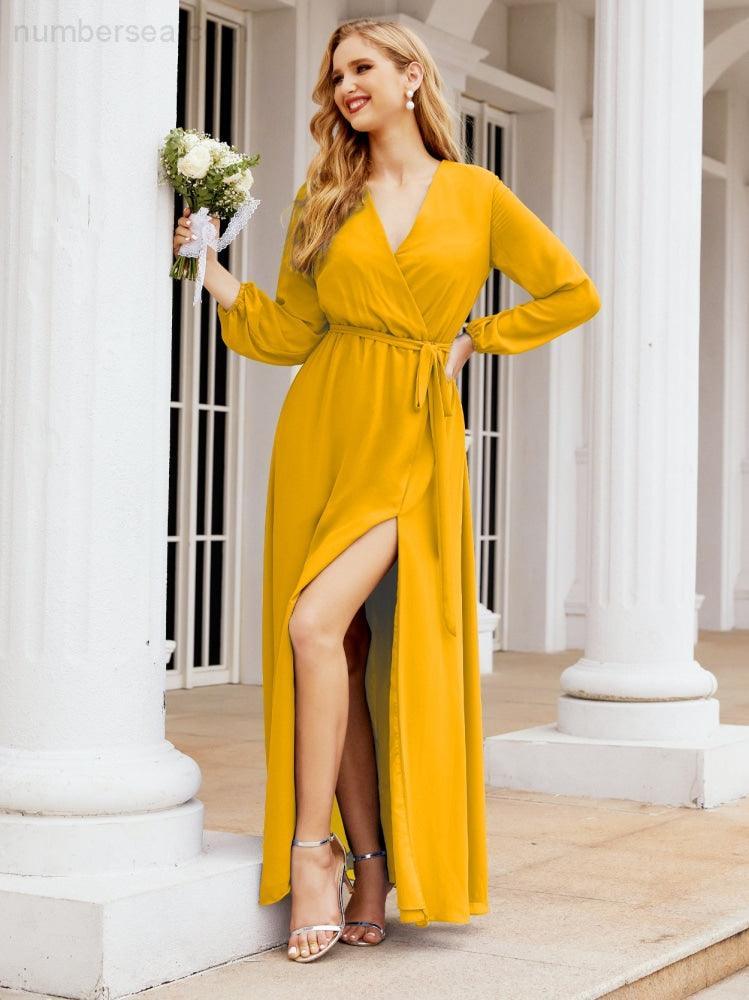 Vestito da damigella d'onore in chiffon da donna Numbersea, linea a trapezio, maniche lunghe, abito lungo formale da sera per ospite di matrimonio 28032