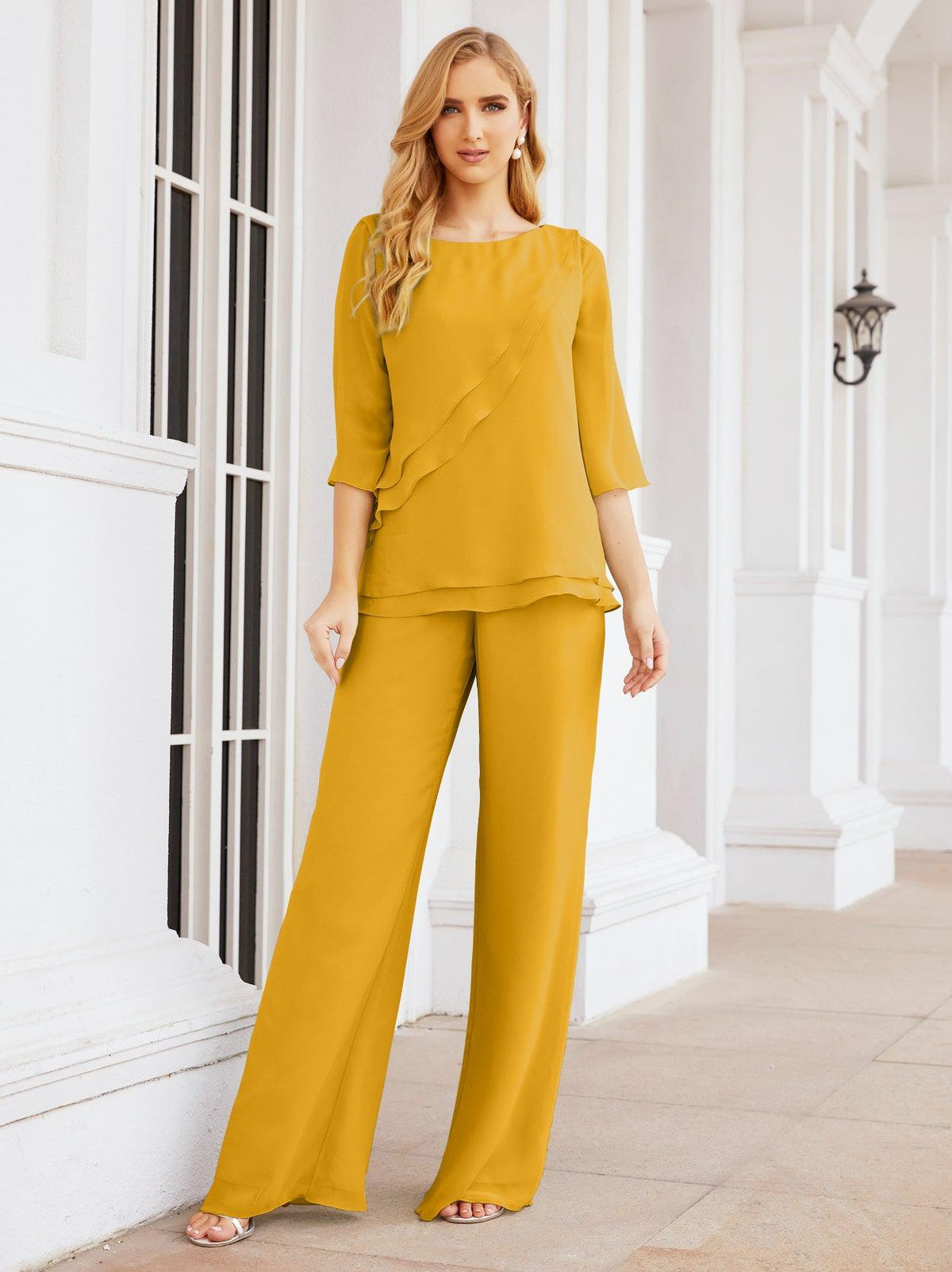 Numbersea Elegantes 2-teiliges Kleid für die Brautmutter Große Größen Hosenanzug mit Rüschenschichten Silberner Hausmantel 28064