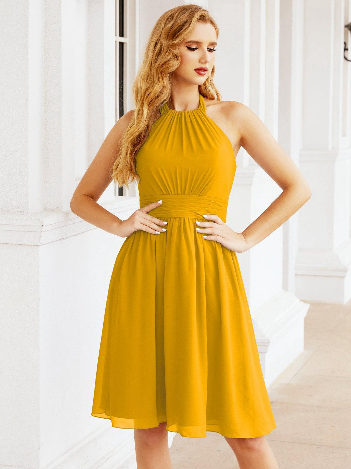 Halter Chiffon Bridesmaid Dresses Short Sleeveless Formal Party Dress Open Back 28023