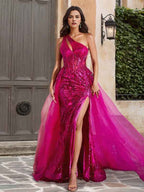 Blue A Line One Shoulder Long Corset Prom Dress With Slit