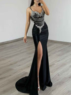 Gold Satin Prom Dress With Beaded Corset Bodice And Side Slit