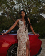 Silver Goddess Art Deco Beaded Mermaid Prom Dress With Crystal Leaves