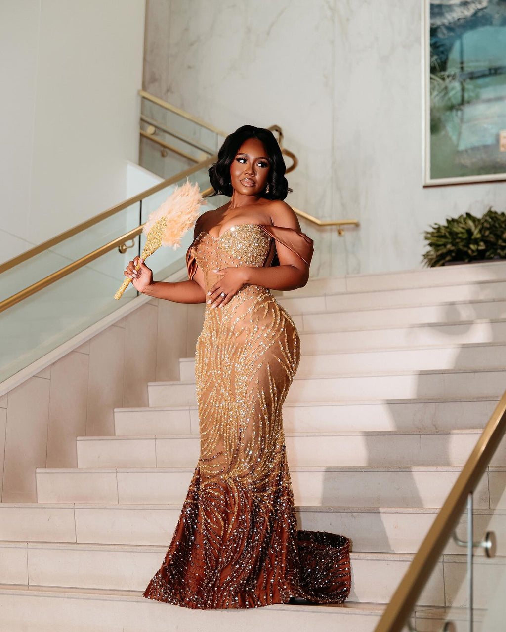 Golden Sunset Ombre Beaded Mermaid Prom Dress With Feather Trim