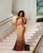 Golden Sunset Ombre Beaded Mermaid Prom Dress With Feather Trim