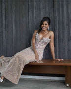 Champagne Beaded Mermaid Prom Dress With Crystal Embellishments Floral Appliques