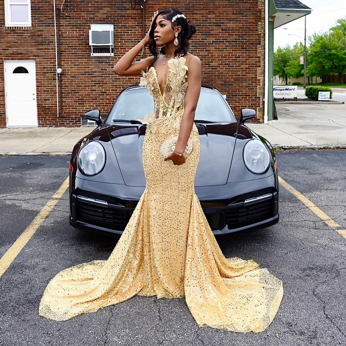 24K Gold Sequined Corset Mermaid Prom Dress With 3D Florals