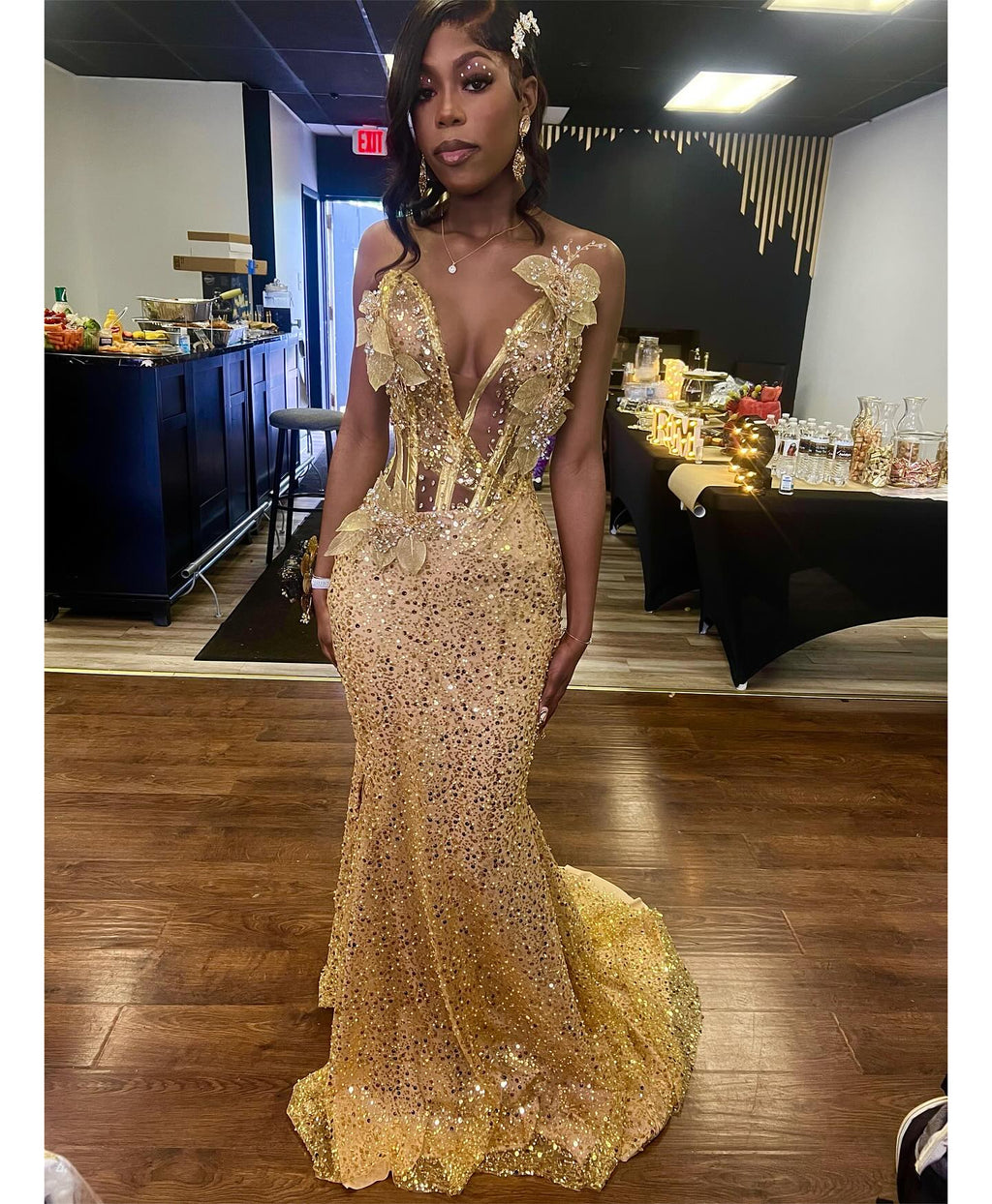 24K Gold Sequined Corset Mermaid Prom Dress With 3D Florals