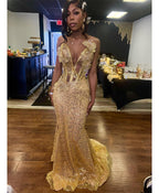 24K Gold Sequined Corset Mermaid Prom Dress With 3D Florals