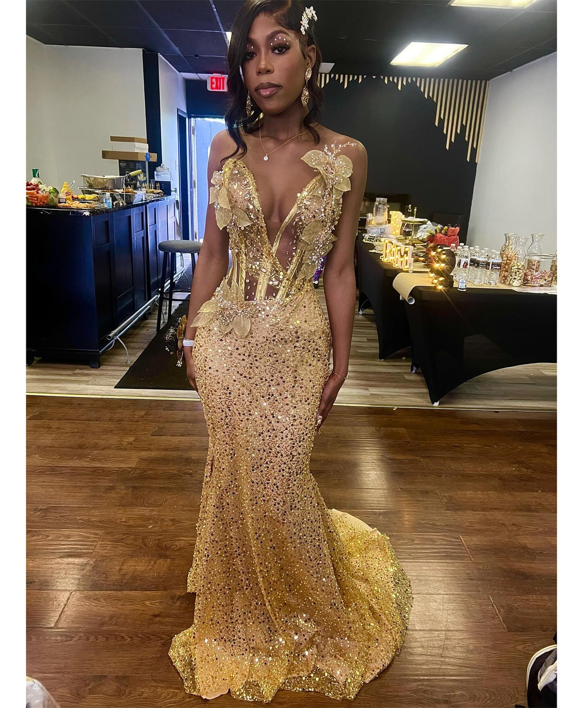 24K Gold Sequined Corset Mermaid Prom Dress With 3D Florals