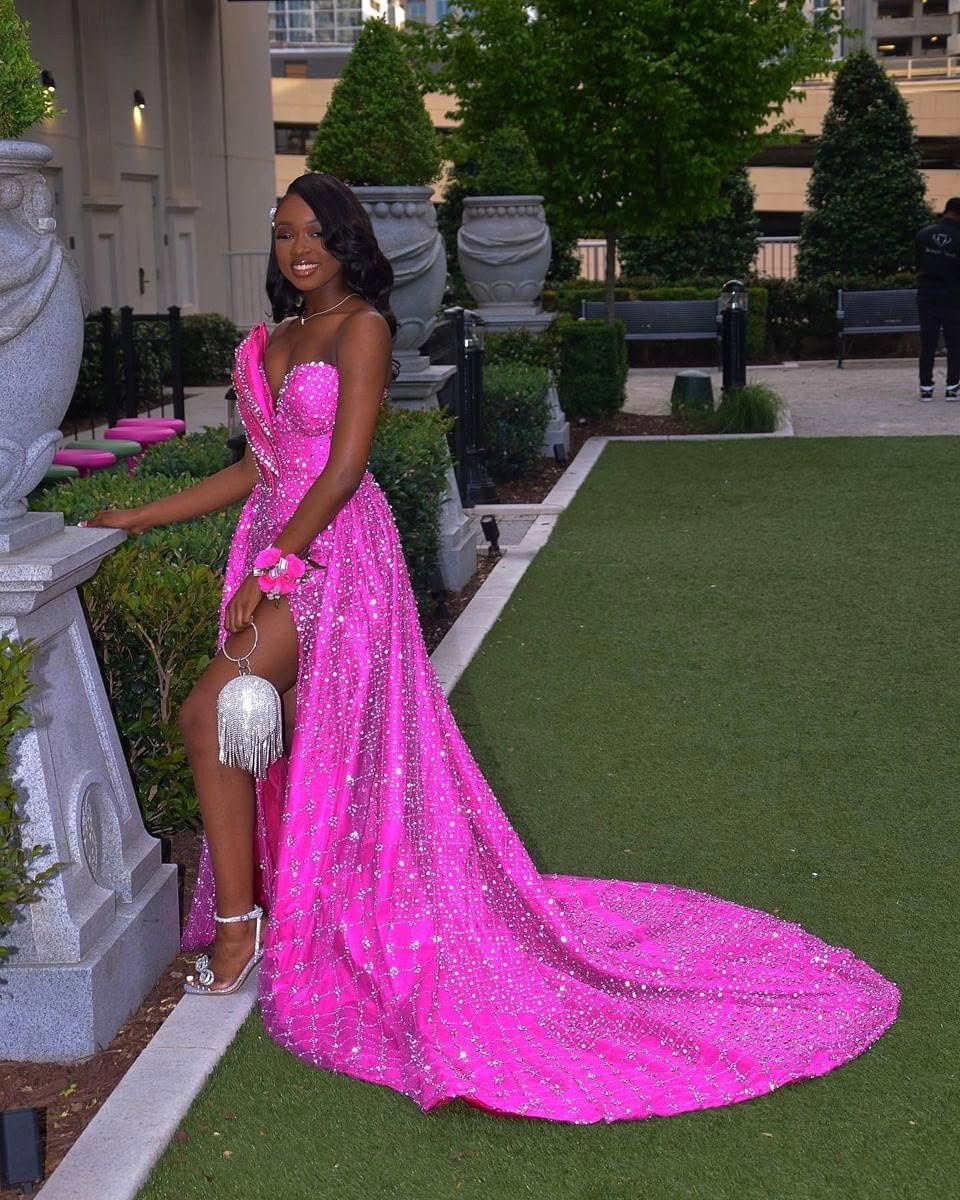 Hot Pink Sequined Prom Dress One Shoulder High Slit Mermaid Gown